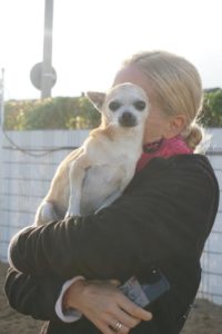 jannine gorju inhaberin von dogs place umarmt einen kleinen chihuahua